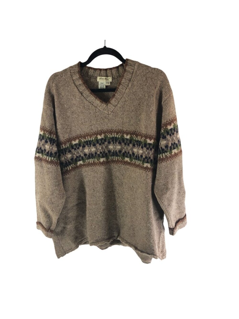 Eddie Bauer Womens Vintage 90s XL V-Neck Wool Blend Sweater Geometric USA Made